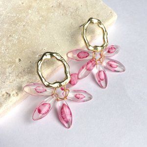 Pink Flower Gold Circle Post Earrings